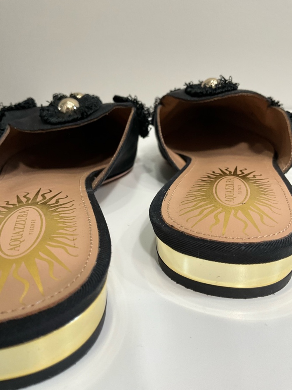 Aquazzura Sunflower Mules Black Canvas Gold Stud Embellished Slide Flats Size 39 - Picture 4 of 5